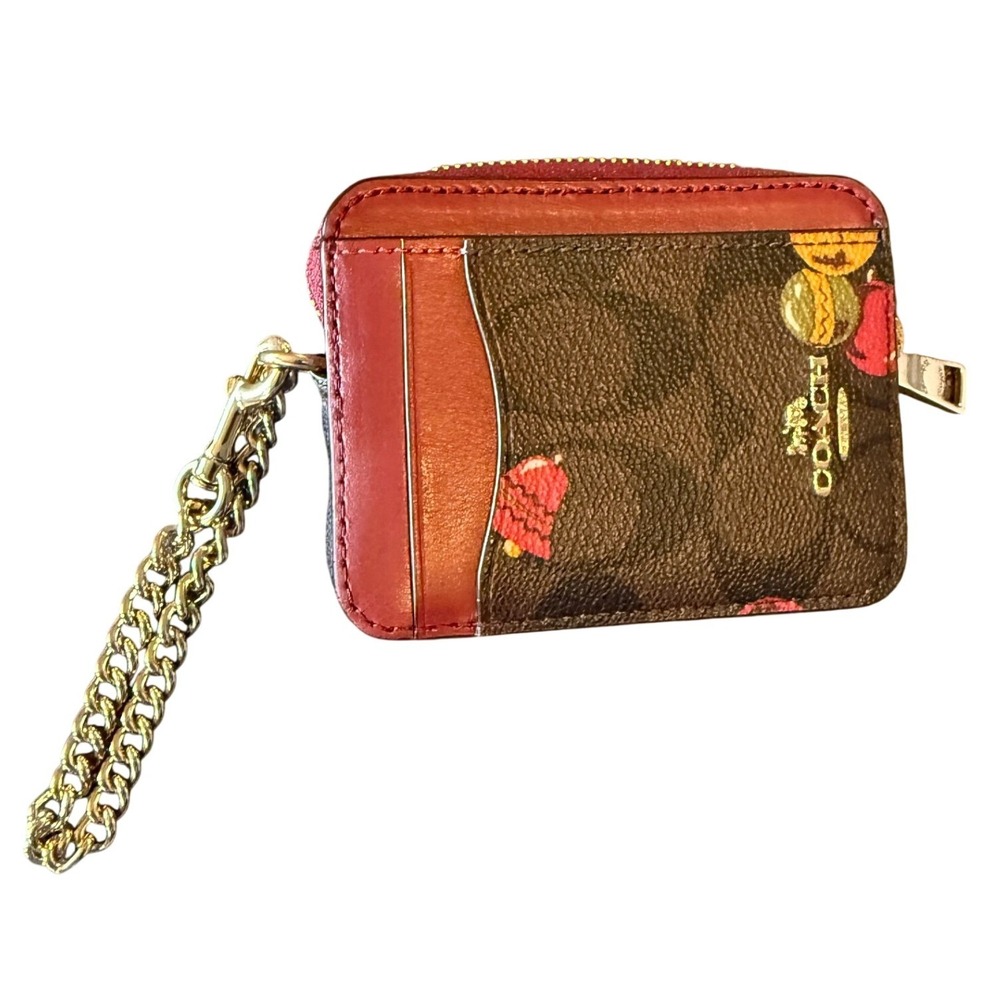 Coach Signature Canvas Print Zip Card Case Wallet Red Brown Gold